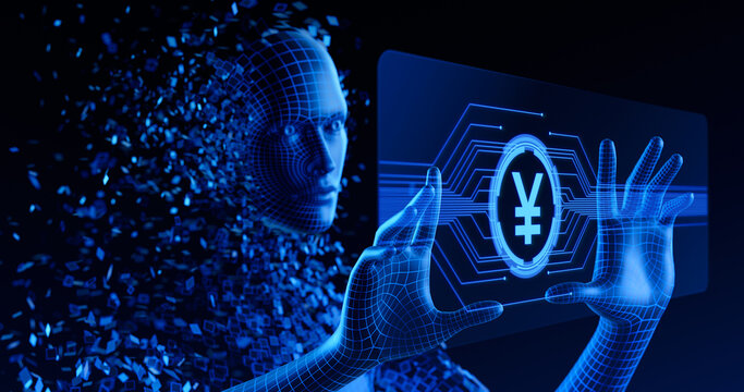 Futuristic AI Digital Currency Interface with Yen Symbol and Virtual Human