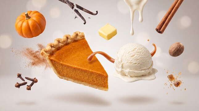 Pumpkin pie slice with vanilla ice cream, levitating autumn dessert ingredients with cinnamon and spices, festive thanksgiving food concept