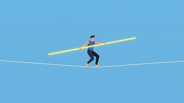 Tightrope Walker's Balance: A lone individual skillfully navigates a taut wire suspended high above, demonstrating focus and determination with a balancing pole.