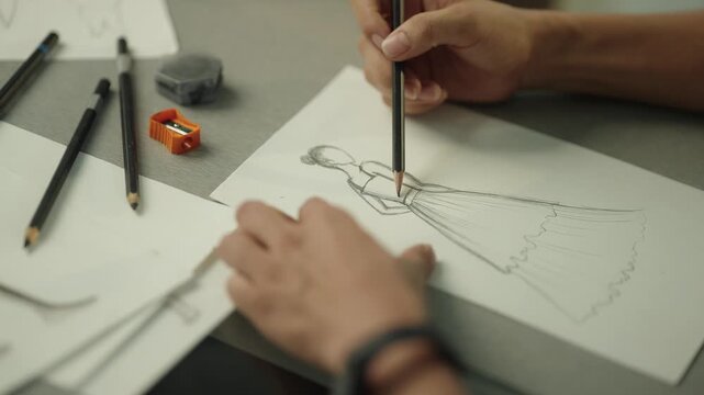 Macro close up of a hand drawing a fashion dress illustration with a pencil on white paper surrounded by sharpeners and drawing tools