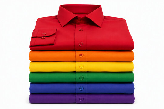 A neatly folded stack of long-sleeved dress shirts, arranged in a vibrant rainbow color sequence against a clean white background.