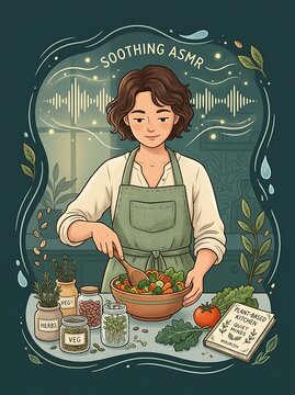 Woman preparing fresh salad with soothing asmr sound wave effects