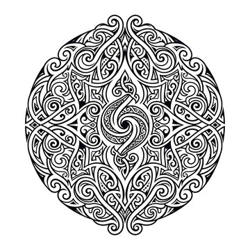 Intricate Circular Tribal Tattoo Design with Polynesian and Maori Inspired Patterns Isolated on White