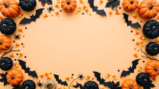 Halloween background with pumpkins, bats, spiders and candy corn