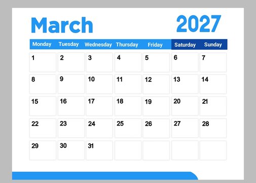 Monthly calendar page for march 2027 with a simple blue design template