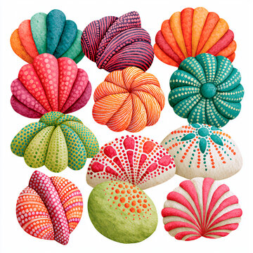 Mexican Sweet Bread Conchas Watercolor Illustration in Colorful Folk Art Style Isolated on White