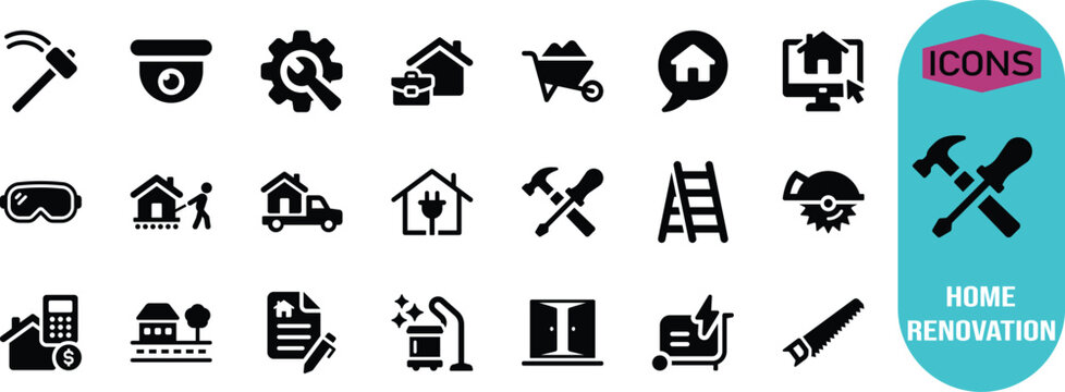 Home construction renovation service icons. house icon set, hammer icon set, ladder icon set