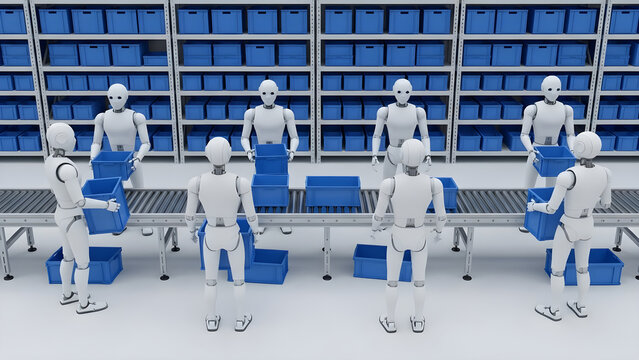 Automated Warehouse System Featuring Humanoid Robots Working Efficiently Along Assembly Lines to Organize Goods and Logistics