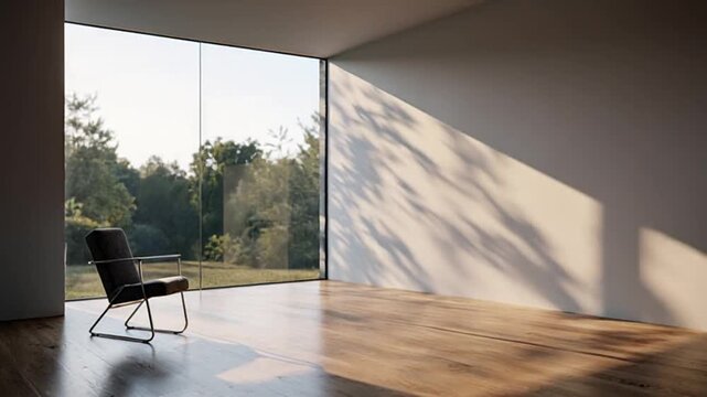 modern empty room with sunlight transitions and large windows, 4k