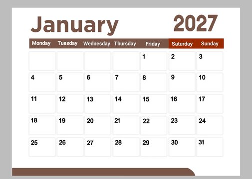 Monthly calendar page for january 2027 with clear dates and days of the week