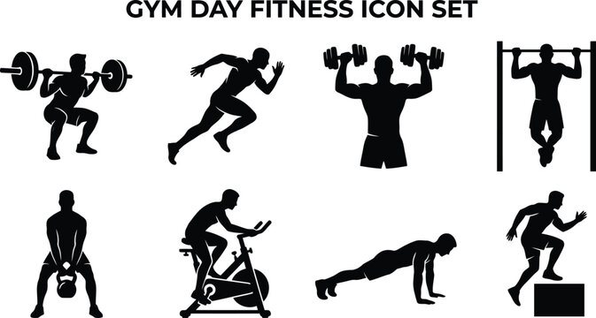 Fitness gym icon set depicting various exercises on transparent background exercise workout silhouette