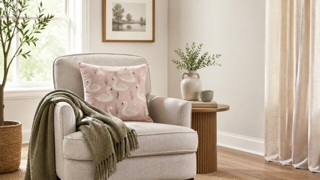 Cozy living room with swan decor pillow and neutral tones, relaxed atmosphere