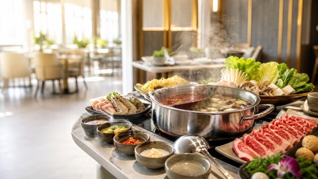 Hot pot party with fresh ingredients and steaming broth, perfect for food culture concept