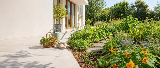 Fototapeta premium Foraging garden with lush plants and tools near home entrance, serene natural setting