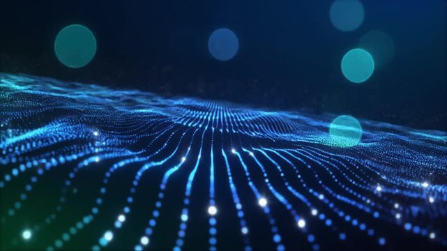 Data stream composed of glowing blue particles creates a complex wave pattern that represents the flow of digital information within a futuristic virtual network environment for global connectivity.