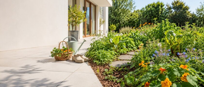 Foraging garden with lush plants and tools near home entrance, serene natural setting
