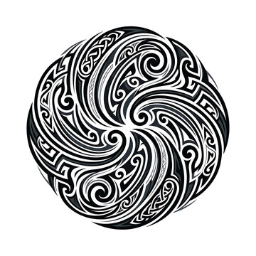 Intricate Circular Tribal Tattoo Design with Polynesian and Maori Inspired Swirl Patterns in Vector