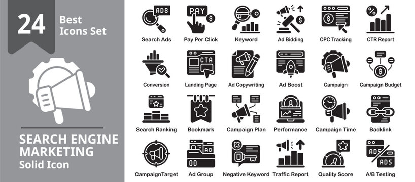 Search Engine Marketing Icon set. Including sem, search, engine, marketing, ppc, ads and more. Solid vector icons collection. Vector Illustration.