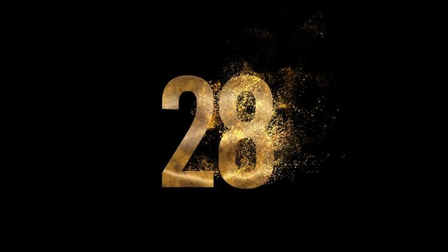 Beautiful Golden Number 28 with golden particles and transparent background, golden number twenty eight
