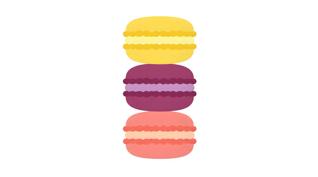 Stack of three colorful sweet french macarons arranged in a vertical row on transparent background