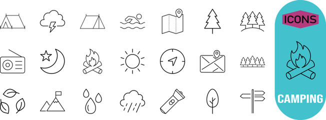 Outdoor camping adventure vector icons. tent icon set, campfire icon set, map icon set © Elon