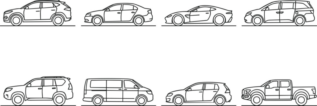 Car Side View Line Art Icon Set with Different Body Types Including Sedan SUV Minivan Sports Car and Pickup Truck Vector Illustration