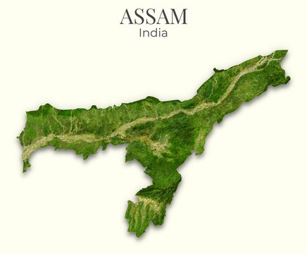 Assam, India Shaded Relief Map. Hillshaded physical terrain map illustration showing elevation, topography, and landforms. Elements of this illustration derived from NASA imagery and SRTM dataset.