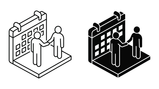 Isometric illustration of business people handshake near calendar deadline icon