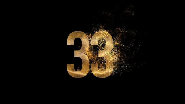 Beautiful Golden Number 33 with golden particles and transparent background, golden number thirty-three