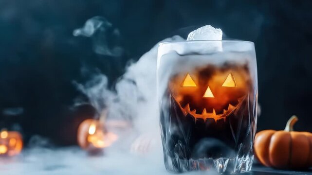 Spooky halloween cocktail with glowing jack-o'-lantern design in smoky atmosphere