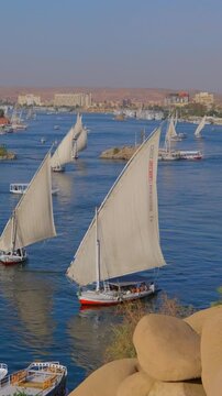 Panoramic view of Nile River at Aswan, Egypt, traditional white felucca sailboats and tourist ferries sailing past Elephantine Island with Nubian village and desert hills. Timelapse