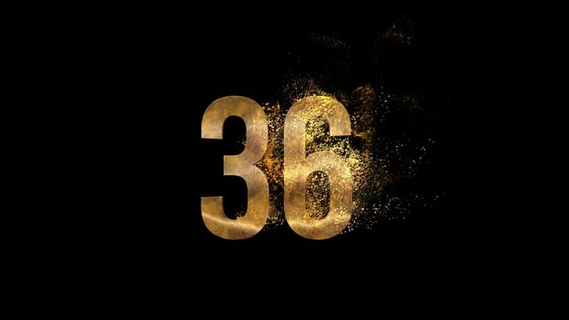 Beautiful Golden Number 36 with golden particles and transparent background, golden number thirty six