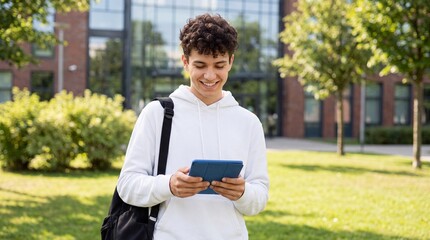 Fototapeta premium Young male student with curly hair using tablet outdoors in a schoolyard, green grass and trees surrounding a modern educational building