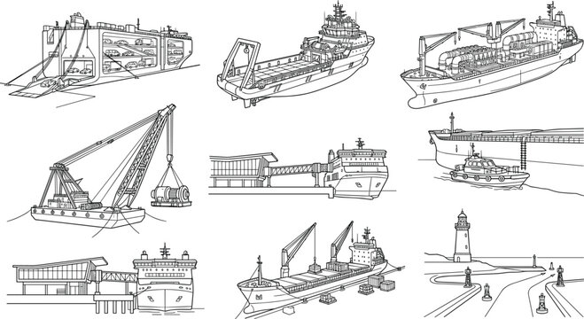 Maritime Shipping and Port Operations Outline Illustration Set with Cargo Ships and Harbor Equipment