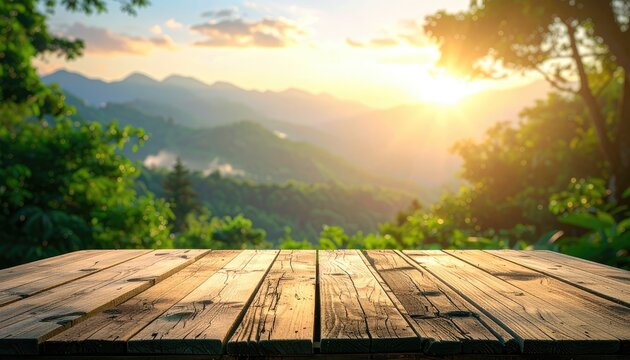 A rustic wooden table overlooking a misty mountain landscape at sunrise.