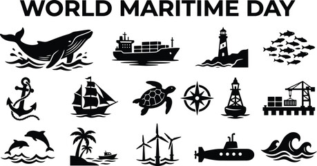 Obraz premium Maritime Icons Collection Featuring Whales Ships And Lighthouses On Transparent Background anchor aquatic