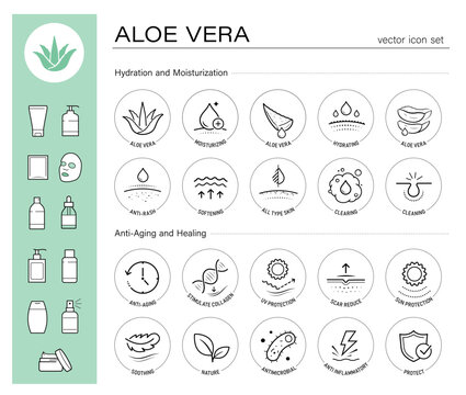 Aloe vera skincare icon set for natural cosmetic packaging labels and beauty product infographics. The outline vector icons are well scalable and editable for packaging label design. EPS10.