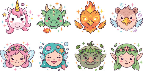 Obraz premium Whimsical cartoon fantasy creatures including unicorn, dragon, phoenix, griffin, fairy, mermaid, troll, and elf illustration