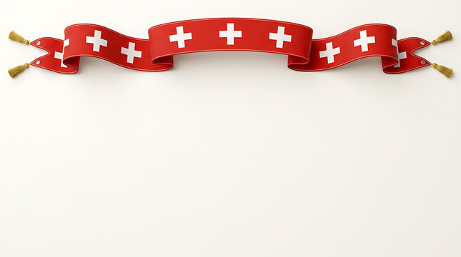 Ribbon banner featuring a repeating Swiss cross pattern curls gracefully across a plain white surface.