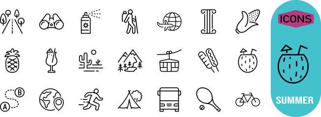 Summer travel adventure vector icons. airplane icon set, tent icon set, bicycle icon set © Elon