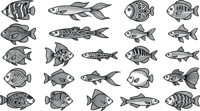 Black and white of various fish species, isolated on white background, marine ocean