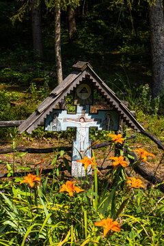 Traditional Wooden Wayside Cross in Rural Romania
