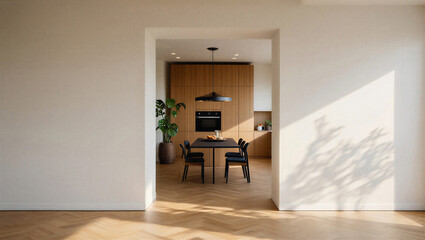 Fototapeta premium Modern minimalist kitchen and dining area with wooden accents and sunlight, interior design