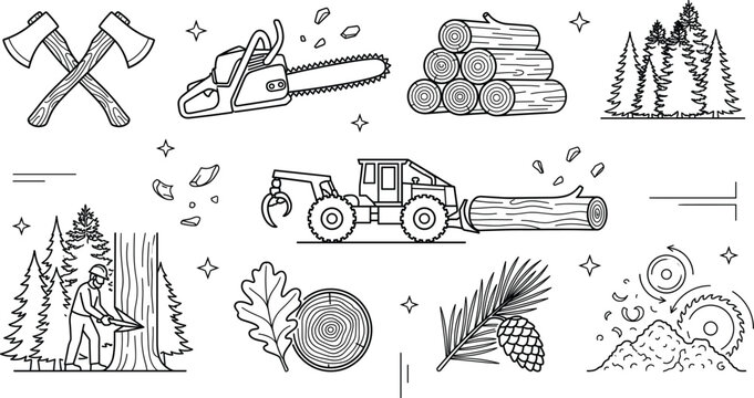 Lumberjack and forestry icon set featuring chainsaw axe logs heavy machinery forest woodcutter industry linear vector outline design