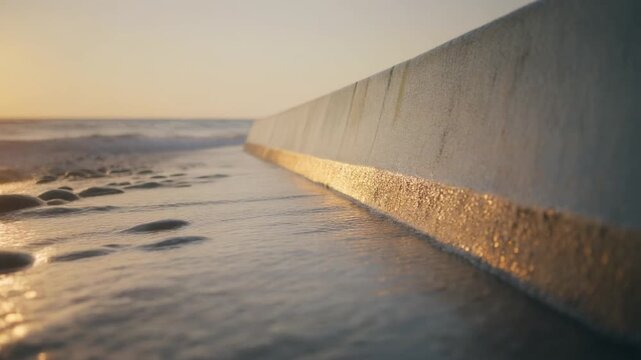 Cinematic stock footage of high tide water overflowing a concrete seawall during coastal flooding. Ideal for ESG reports, climate change presentations, and environmental risk landing pages.
