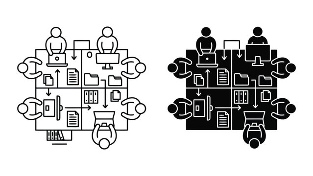 Office workflow process and data sharing icon set with workflow, collaboration