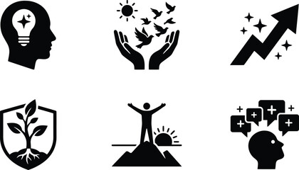 Fototapeta premium Collection Of Positive Thinking Icons In Silhouette Style On Transparent Background icon silhouettes