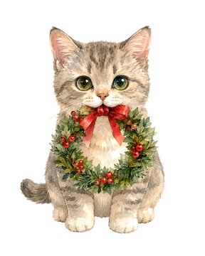 Watercolor Illustration of a Munchkin Cat holding a Christmas Wreath, Cute Holiday Cat for Greeting Cards and Winter Party Invitations