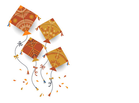 Minimalist festive greeting card design with four tiered kites in terracotta and mustard tones with folk motifs on pure white background