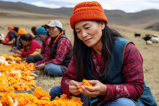 Adult Asian woman sorting vibrant orange mushrooms in a rural field with other women working in the background